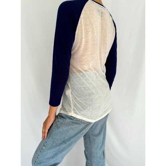 y2k vintage navy white Triumph logo graphic baseball jersey paper thin sheer top - Picture 2 of 7